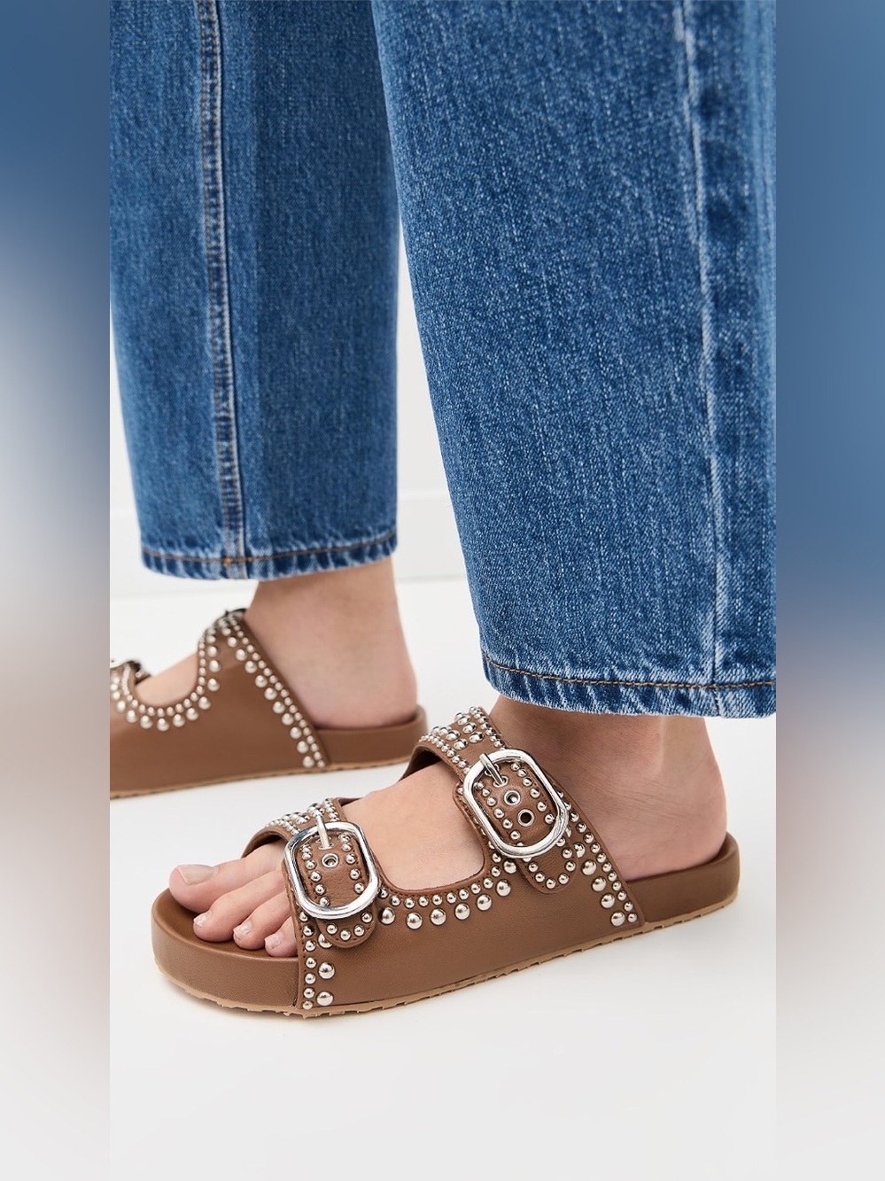 Mystique Studded Leather Footbed Sandals in Camel, Size 8